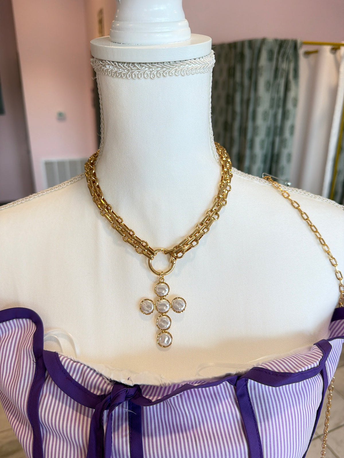 Pearl Cross Charm Necklace