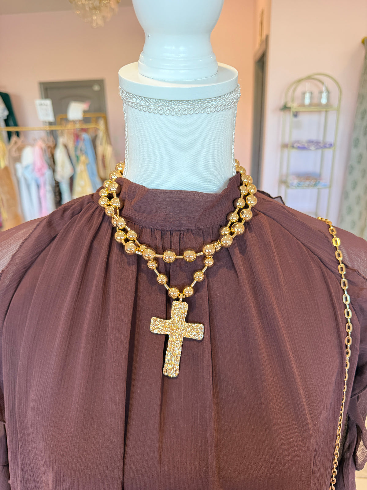Layered Gold Beaded Cross Necklace