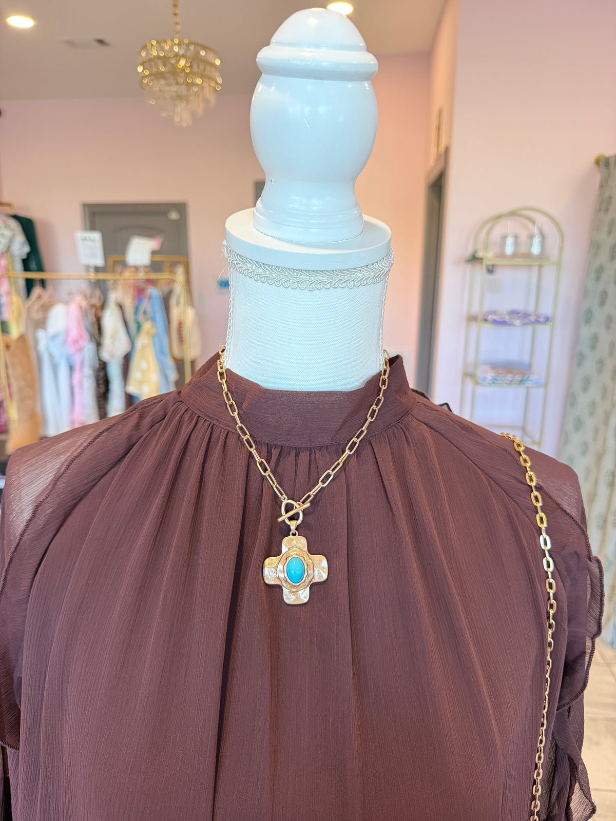 Gold Cross Pendant Necklace - Turquoise